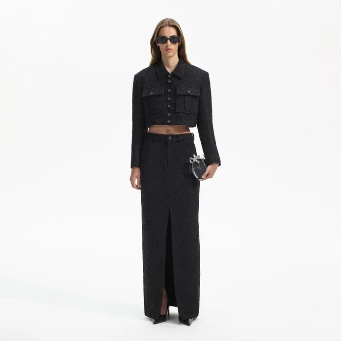 Self Portrait Outerwear Black Boucle Cropped Jacket 8211 Women