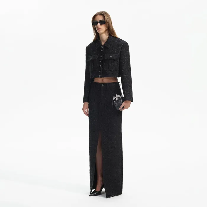 Self Portrait Outerwear Black Boucle Cropped Jacket 8211 Women