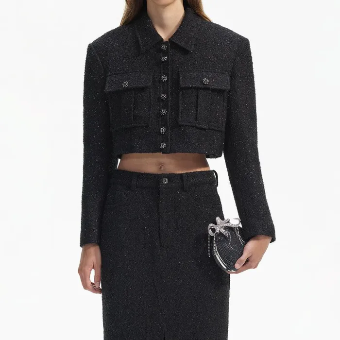 Self Portrait Outerwear Black Boucle Cropped Jacket 8211 Women