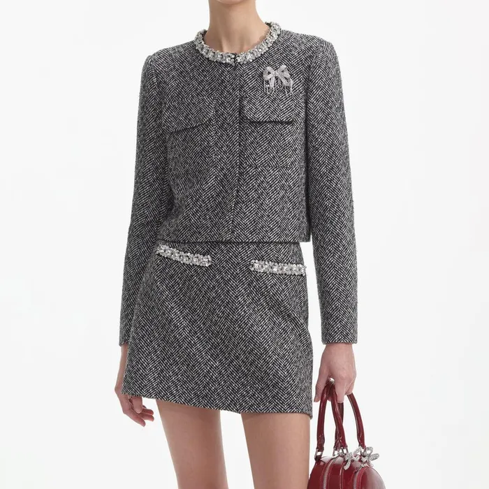 Self Portrait Outerwear Black Herringbone Embellished Jacket 8211 Women