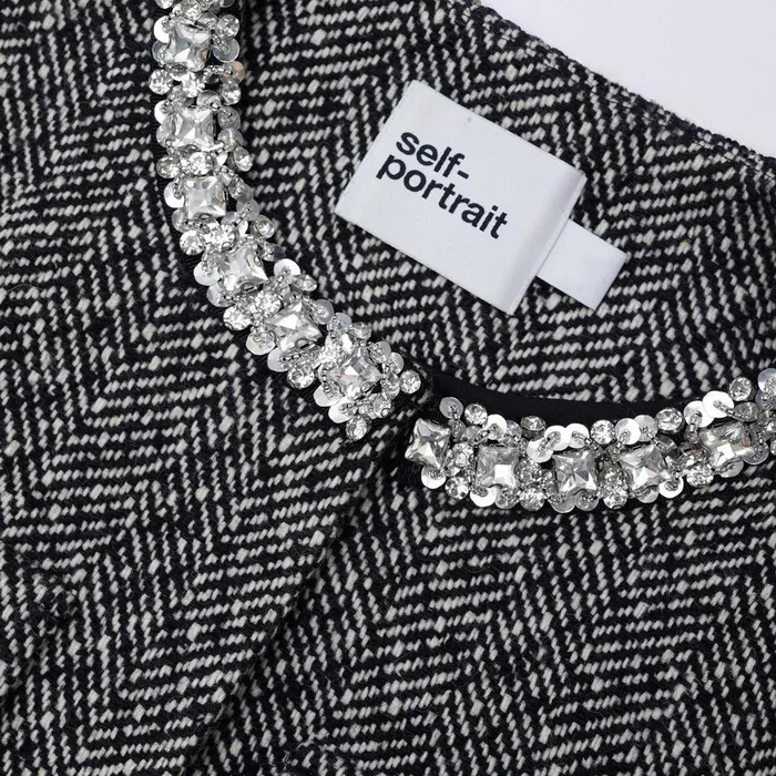 Self Portrait Outerwear Black Herringbone Embellished Jacket 8211 Women