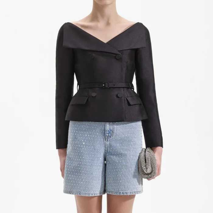 Self Portrait Outerwear Black Taffeta Jacket 8211 Women