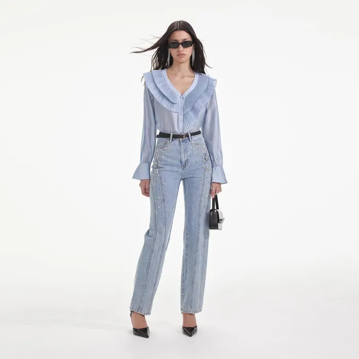 Self Portrait Tops Blue Satin Organza Blouse 8211 Women