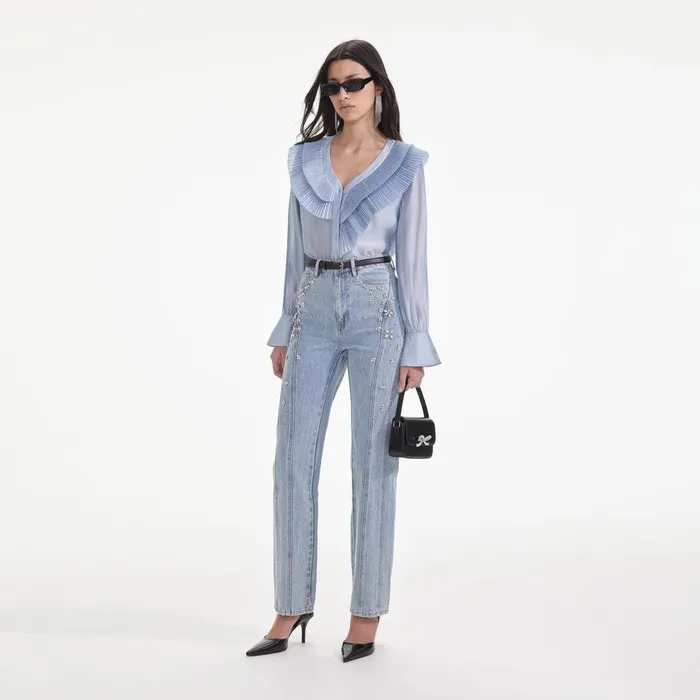 Self Portrait Tops Blue Satin Organza Blouse 8211 Women