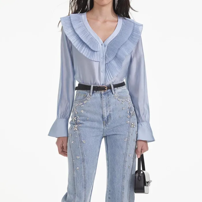 Self Portrait Tops Blue Satin Organza Blouse 8211 Women