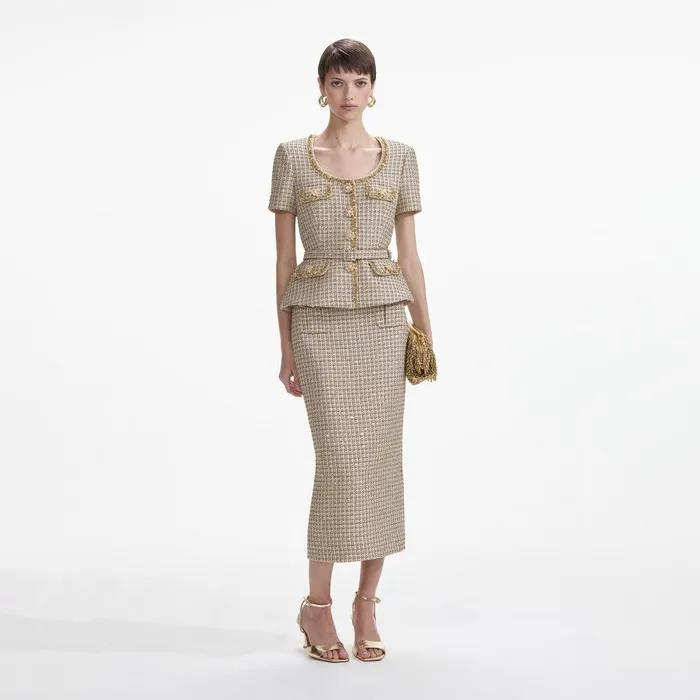 Self Portrait Tops Gold Boucle Peplum Top 8211 Women