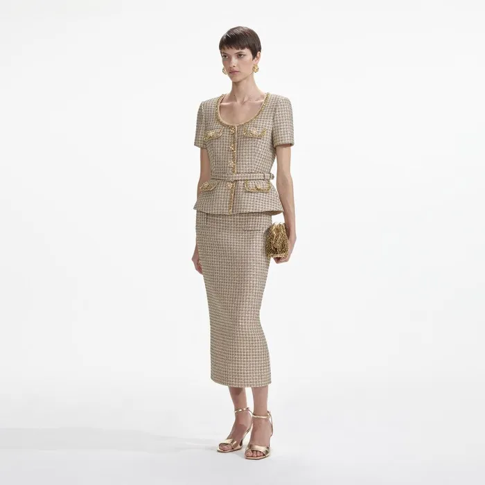 Self Portrait Tops Gold Boucle Peplum Top 8211 Women