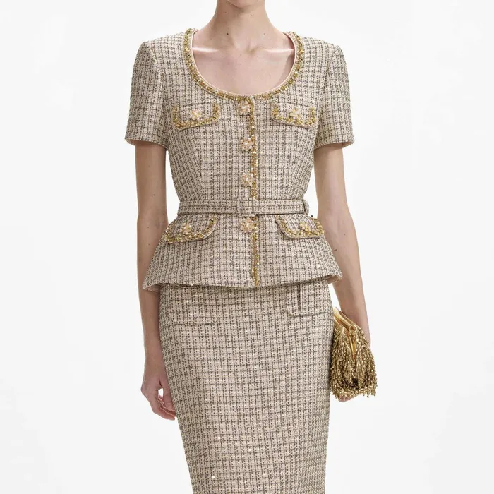 Self Portrait Tops Gold Boucle Peplum Top 8211 Women