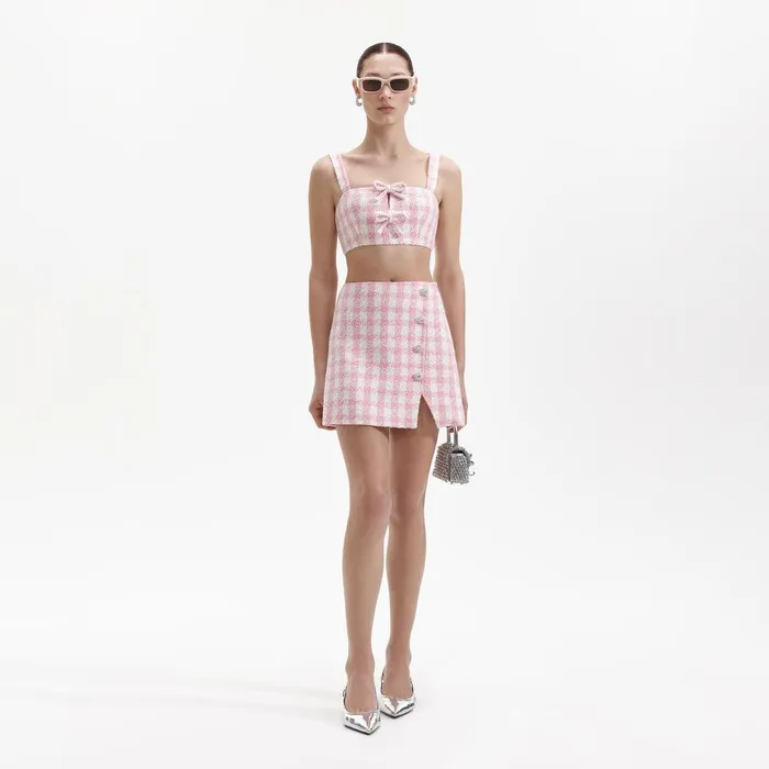 Self Portrait Tops Pink Check Boucle Crop Top 8211 Women