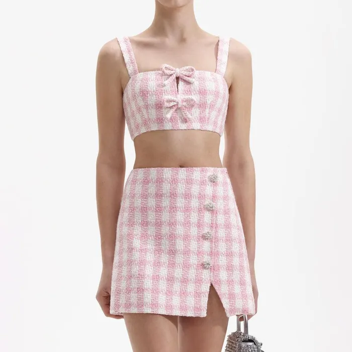 Self Portrait Tops Pink Check Boucle Crop Top 8211 Women