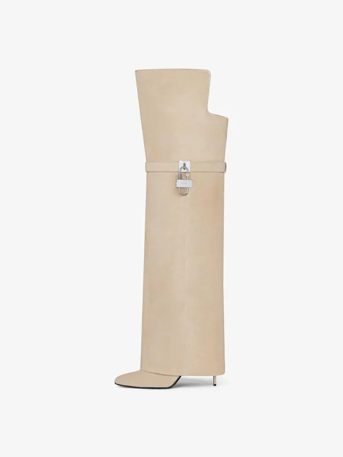 Shark Lock Stiletto OverTheKnee Boots In Suede Beige Women Givenchy Shark Lock
