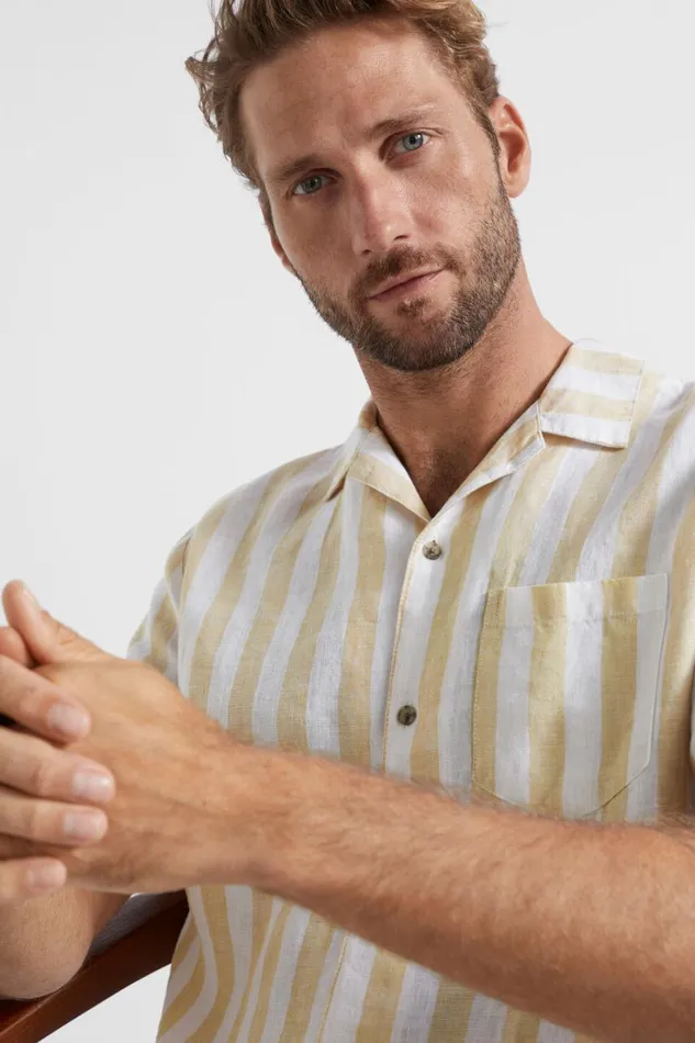 Shirts Man Seed Heritage Pool Stripe Linen Shirt Sand Bold Stripe