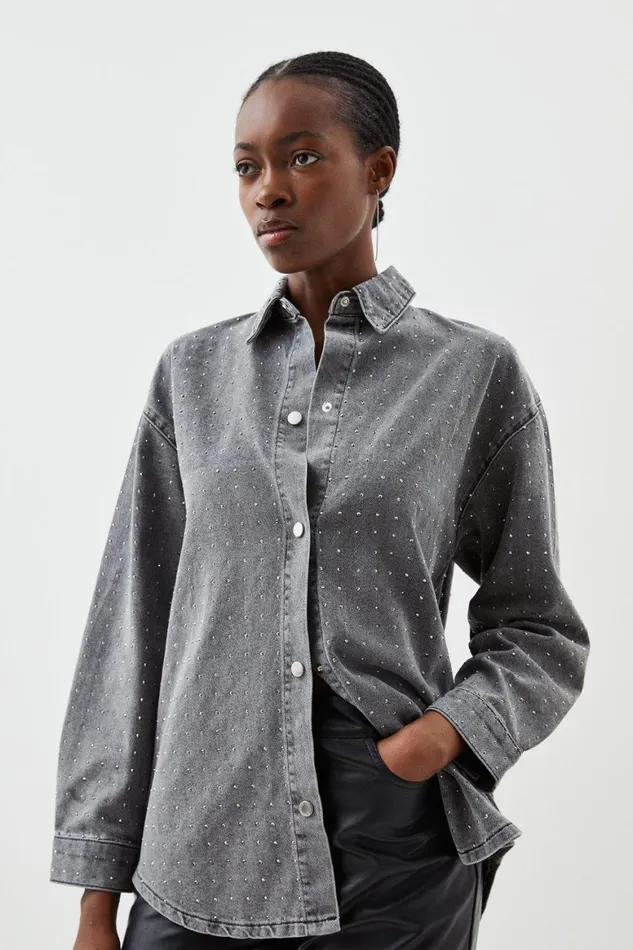 Shirts Women Karen Millen Embellished Denim Shirt Grey