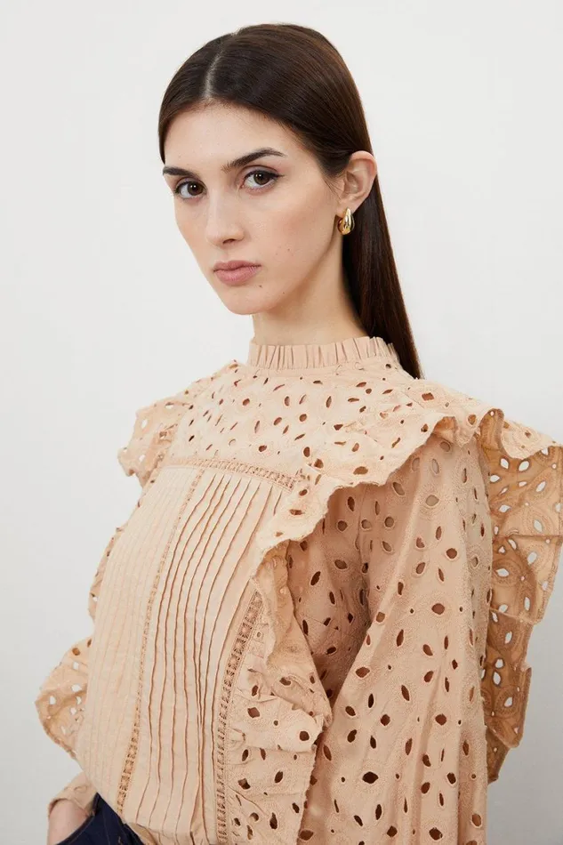 Shirts Women Karen Millen Embroidery Cutwork Frill Detail Woven Shirt Camel