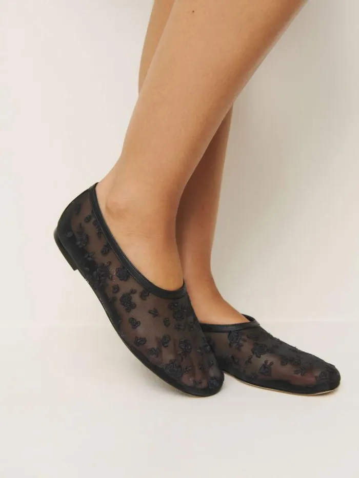 Shoes The Reformation Britt Ballet Flat Black Embroidered Mesh