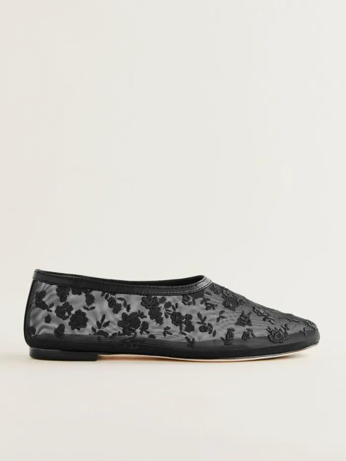 Shoes The Reformation Britt Ballet Flat Black Embroidered Mesh