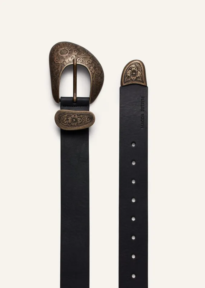 Shop Magda Butrym Accessories Bronze Asymmetrical Buckle Belt In Black Leather Shop Magda Butrym Accessories Bronze Asymmetrical Buckle Belt In Black Leather