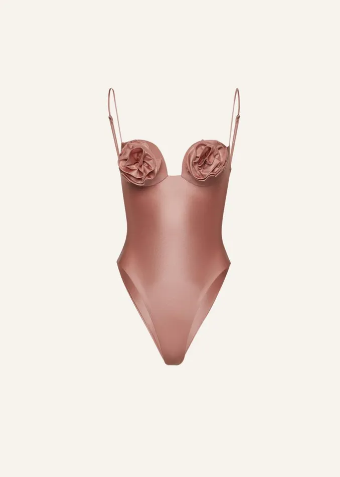 Shop Magda Butrym Beachwear Flower Bustier Swimsuit In Metallic Blush