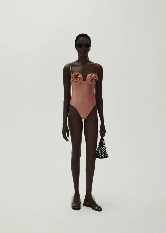 Shop Magda Butrym Beachwear Flower Bustier Swimsuit In Metallic Blush Shop Magda Butrym Beachwear Flower Bustier Swimsuit In Metallic Blush