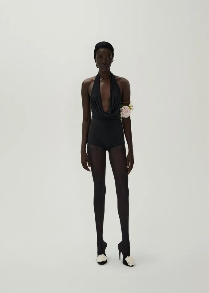 Shop Magda Butrym Bodysuits Cowl Neck Halter Bodysuit In Black Shop Magda Butrym Bodysuits Cowl Neck Halter Bodysuit In Black