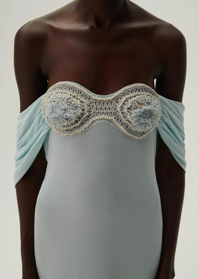 Shop Magda Butrym Dresses Crochet Bra Wrap Dress In Blue Shop Magda Butrym Dresses Crochet Bra Wrap Dress In Blue