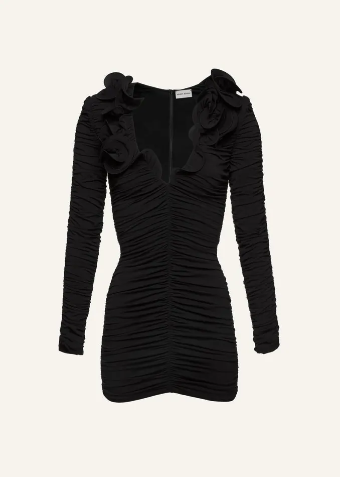 Shop Magda Butrym Dresses Ruched Ruffle V Neck Mini Dress In Black