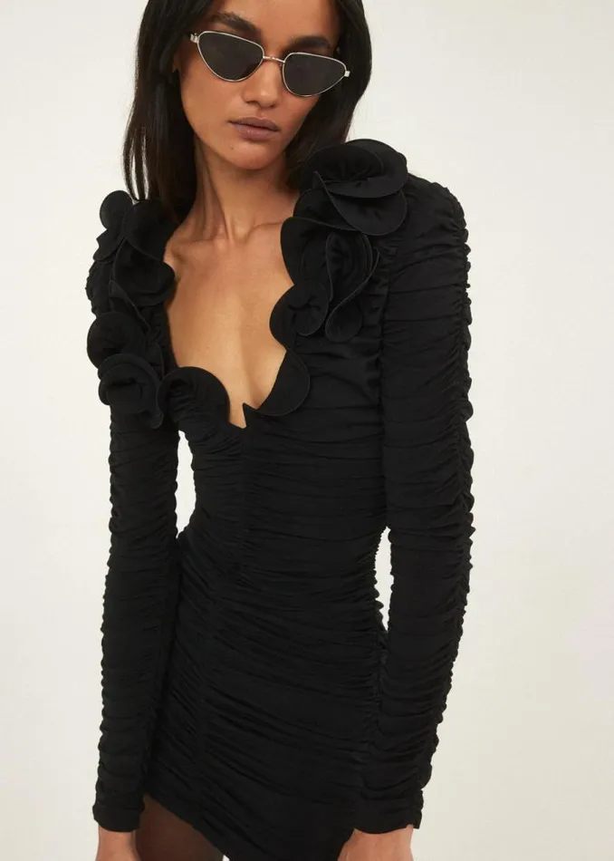 Shop Magda Butrym Dresses Ruched Ruffle V Neck Mini Dress In Black Shop Magda Butrym Dresses Ruched Ruffle V Neck Mini Dress In Black