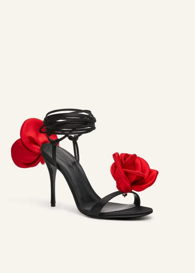 Shop Magda Butrym Shoes Double Red Flower Heel Sandals In Black Satin Shop Magda Butrym Shoes Double Red Flower Heel Sandals In Black Satin