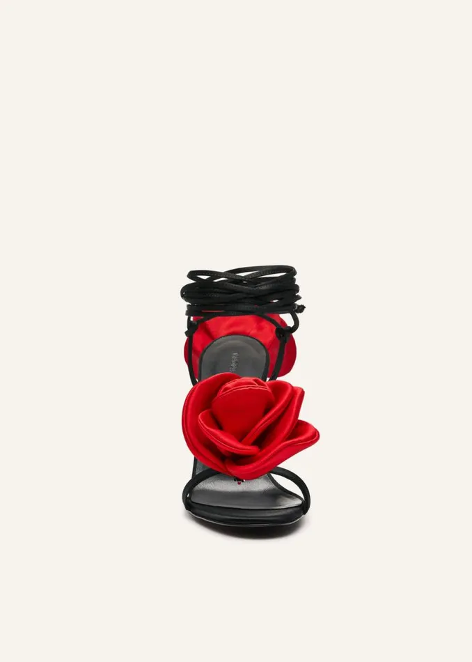 Shop Magda Butrym Shoes Double Red Flower Heel Sandals In Black Satin Shop Magda Butrym Shoes Double Red Flower Heel Sandals In Black Satin