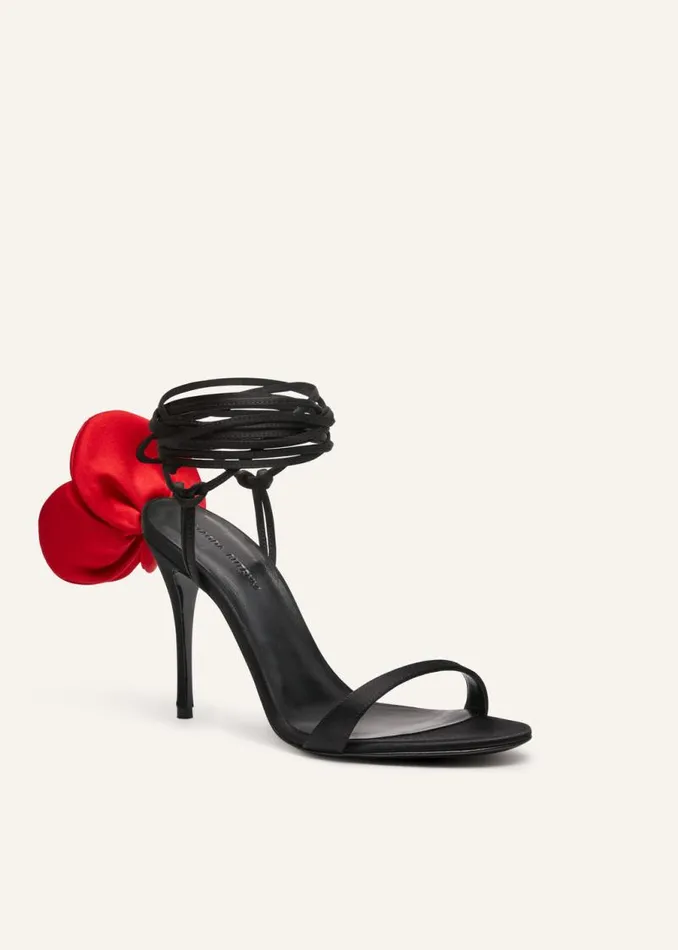 Shop Magda Butrym Shoes Double Red Flower Heel Sandals In Black Satin Shop Magda Butrym Shoes Double Red Flower Heel Sandals In Black Satin