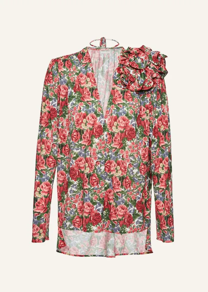 Shop Magda Butrym Tops Classic Jersey Shirred Flower Blouse In Red Floral Print Shop Magda Butrym Tops Classic Jersey Shirred Flower Blouse In Red Floral Print
