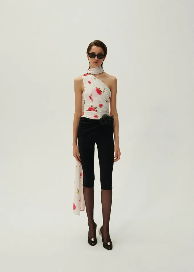 Shop Magda Butrym Tops Jersey Wrap Neck Top In Cream Print Shop Magda Butrym Tops Jersey Wrap Neck Top In Cream Print