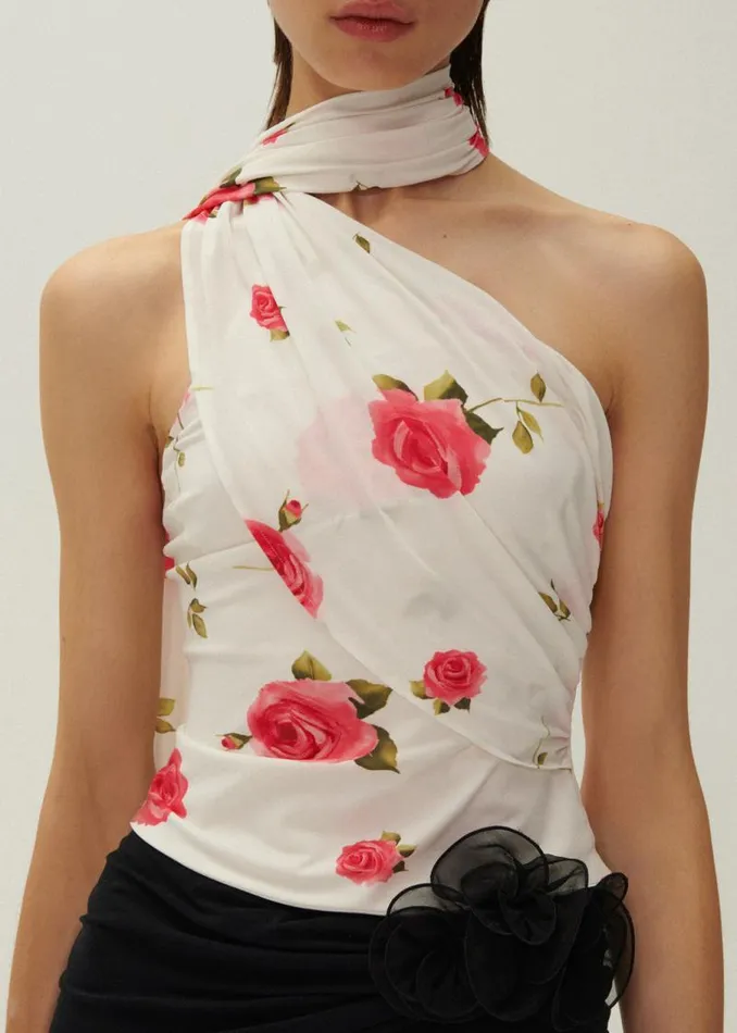 Shop Magda Butrym Tops Jersey Wrap Neck Top In Cream Print Shop Magda Butrym Tops Jersey Wrap Neck Top In Cream Print