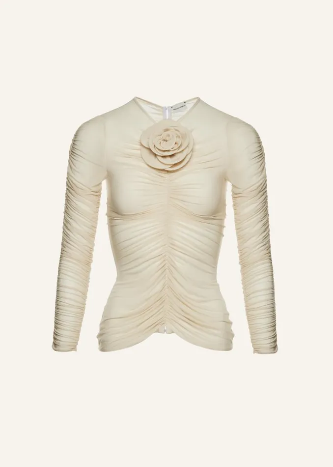 Shop Magda Butrym Tops Sheer Ruched Rose Appliqu Top In Beige