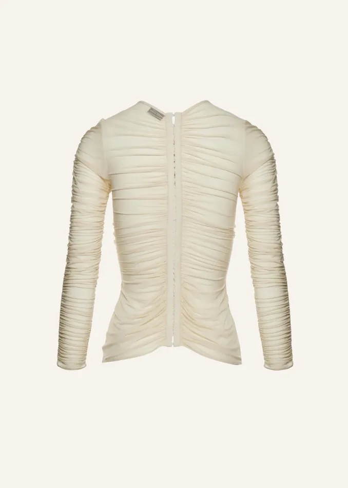 Shop Magda Butrym Tops Sheer Ruched Rose Appliqu Top In Beige Shop Magda Butrym Tops Sheer Ruched Rose Appliqu Top In Beige