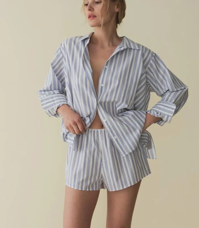 Shop THELMA SHORT Indigo Sorrento Stripe DEN Pants and Shorts
