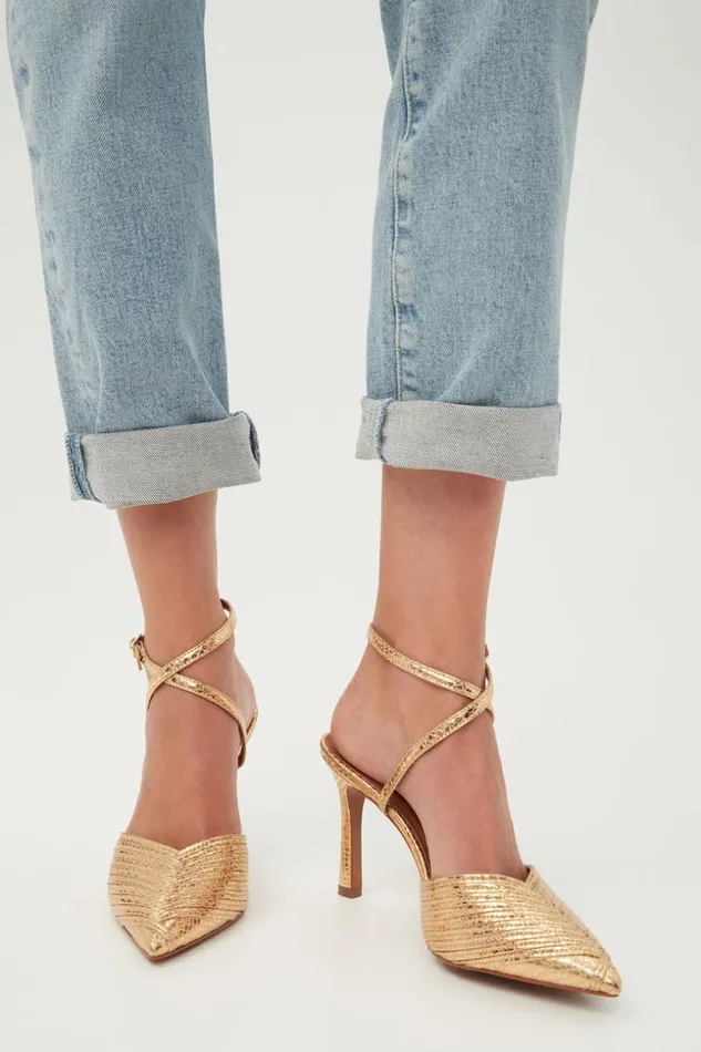 SHOP Trina Turk SHOES ON TO THE NEXT STRAPPY POINTED TOE GOLD HEEL