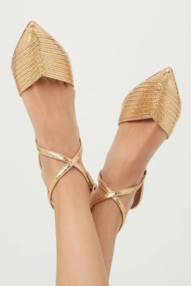 SHOP Trina Turk SHOES ON TO THE NEXT STRAPPY POINTED TOE GOLD HEEL
