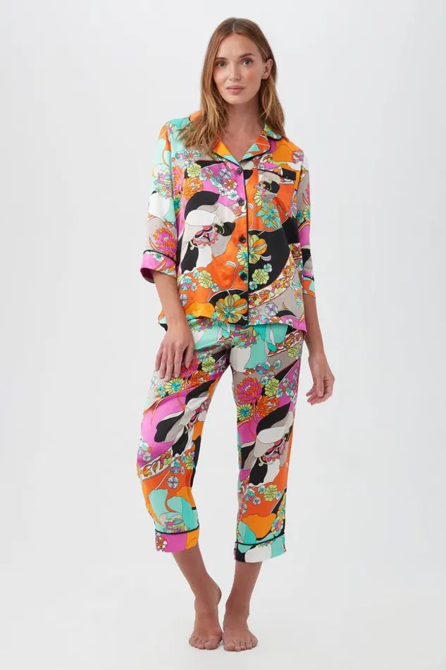 SHOP Trina Turk WOMEN039S SLEEPWEAR SKIPPER SWIRL WOMEN039S 34SLEEVE CROPPED PANT SILK PJ SET