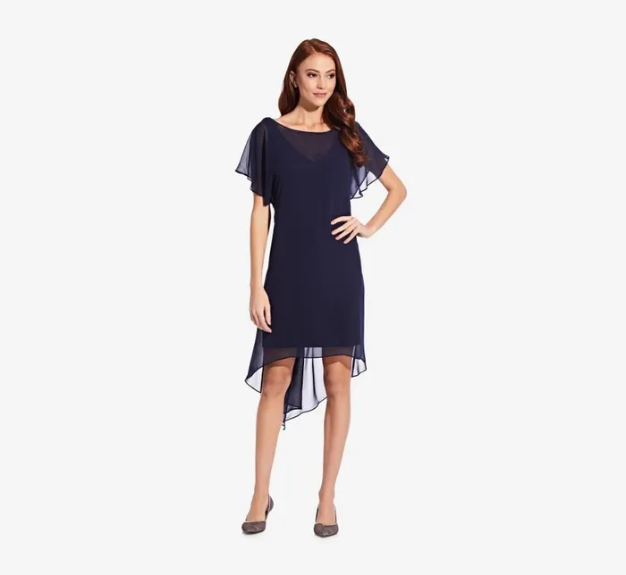 Short Dresses Womens Adrianna Papell Flutter Sleeve Chiffon Dress With High Low Hemline In Navy Short Dresses Womens Adrianna Papell Flutter Sleeve Chiffon Dress With High Low Hemline In Navy