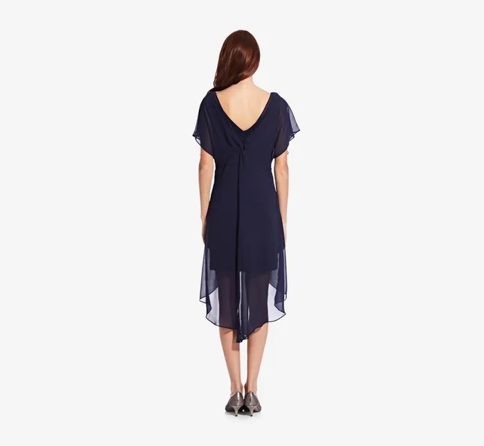 Short Dresses Womens Adrianna Papell Flutter Sleeve Chiffon Dress With High Low Hemline In Navy