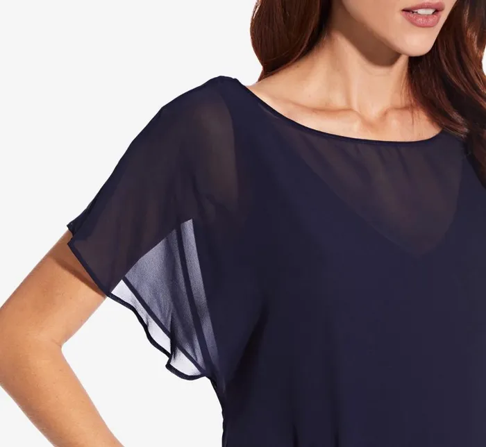 Short Dresses Womens Adrianna Papell Flutter Sleeve Chiffon Dress With High Low Hemline In Navy