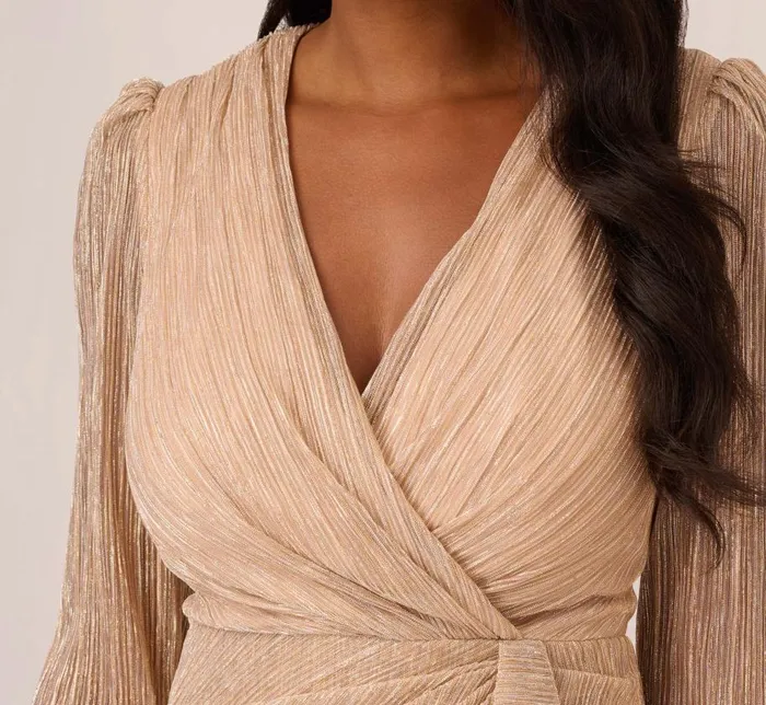 Short Dresses Womens Adrianna Papell Metallic Long Sleeve Dress With Draped Details In Light Gold