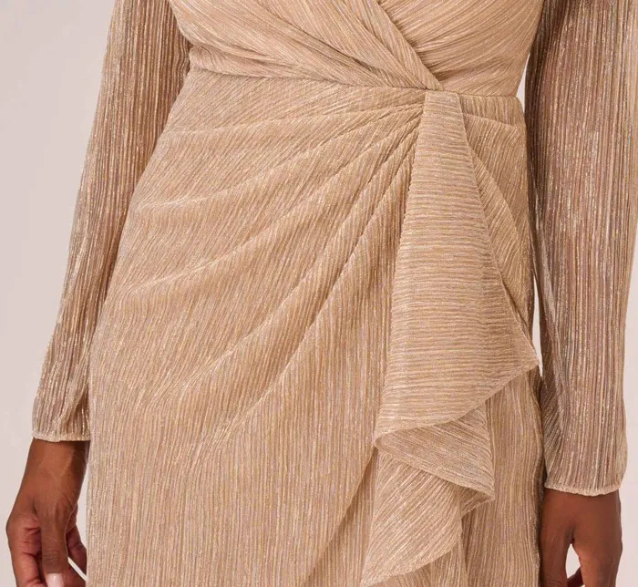 Short Dresses Womens Adrianna Papell Metallic Long Sleeve Dress With Draped Details In Light Gold