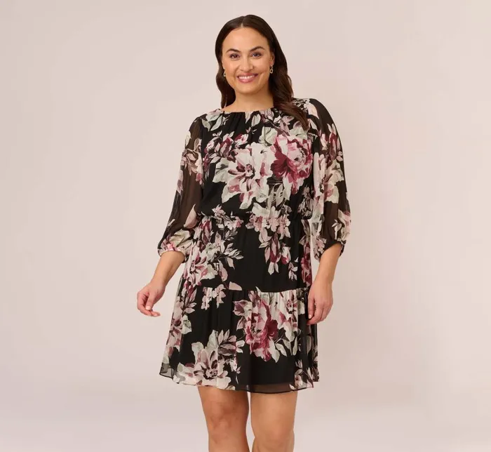 Short Dresses Womens Adrianna Papell Plus Size Floral Chiffon Dress With Three Quarter Length Sleeves In Black Multi Short Dresses Womens Adrianna Papell Plus Size Floral Chiffon Dress With Three Quarter Length Sleeves In Black Multi