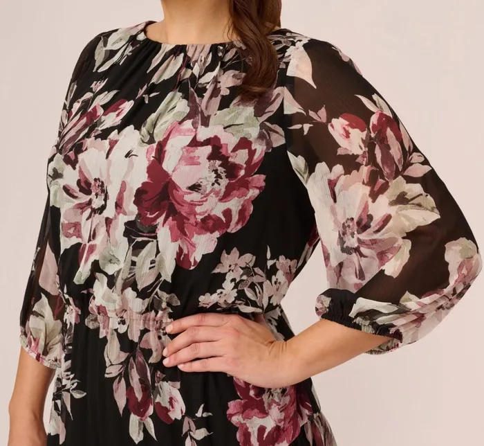 Short Dresses Womens Adrianna Papell Plus Size Floral Chiffon Dress With Three Quarter Length Sleeves In Black Multi