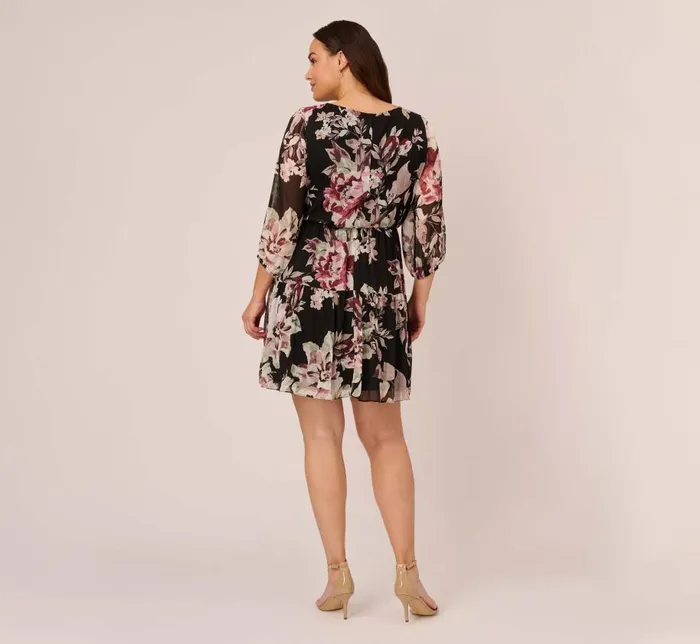 Short Dresses Womens Adrianna Papell Plus Size Floral Chiffon Dress With Three Quarter Length Sleeves In Black Multi