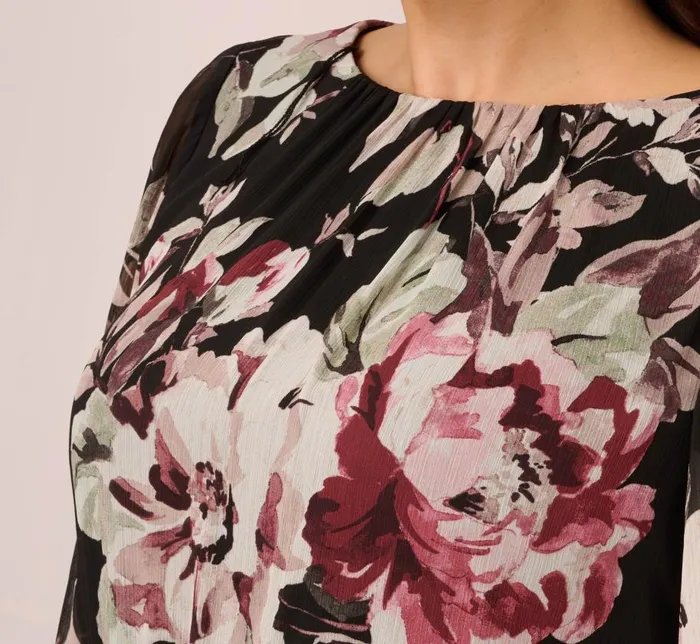 Short Dresses Womens Adrianna Papell Plus Size Floral Chiffon Dress With Three Quarter Length Sleeves In Black Multi
