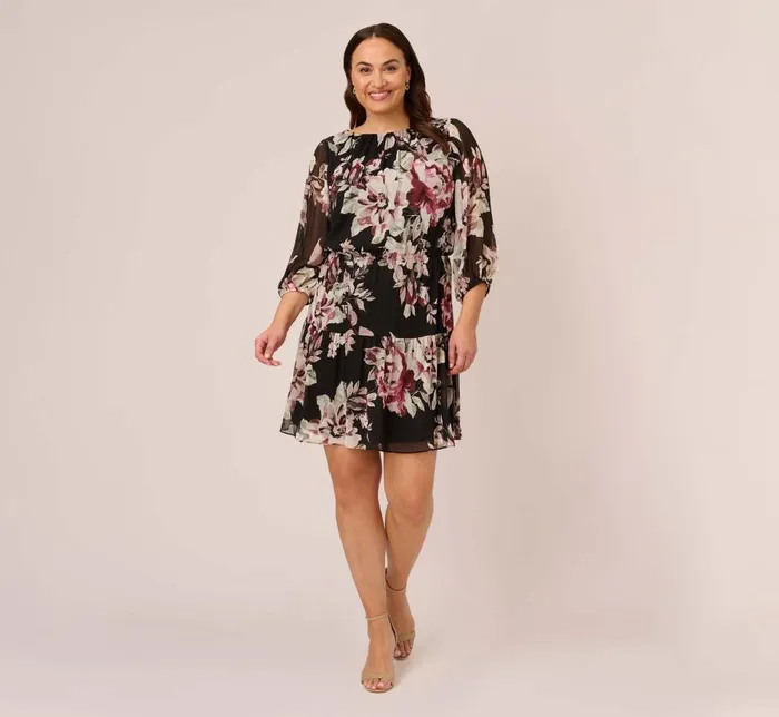 Short Dresses Womens Adrianna Papell Plus Size Floral Chiffon Dress With Three Quarter Length Sleeves In Black Multi