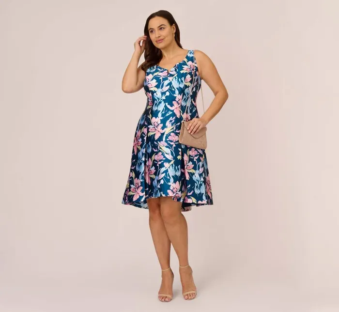 Short Dresses Womens Adrianna Papell Plus Size Floral Print Mikado Short High Low FitAndFlare Dress In Navy Multi